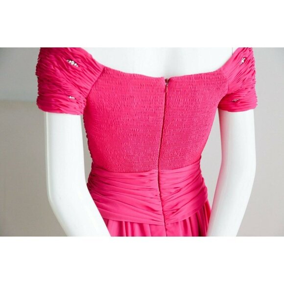 Vintage Pink Gathered Ruched Bodice Off The Shoulder Chiffon Gown w rhinestones - Picture 7 of 12